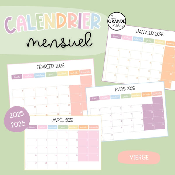 CALENDRIER MENSUEL - congés FWB et vierge - 25-26